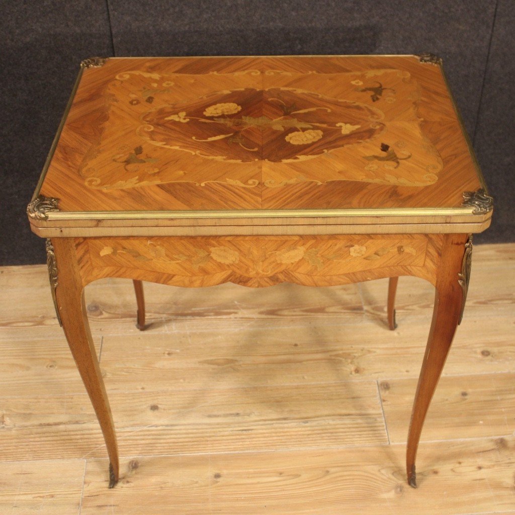 Tavolino da gioco francese in legno intarsiato del XX secolo-photo-2