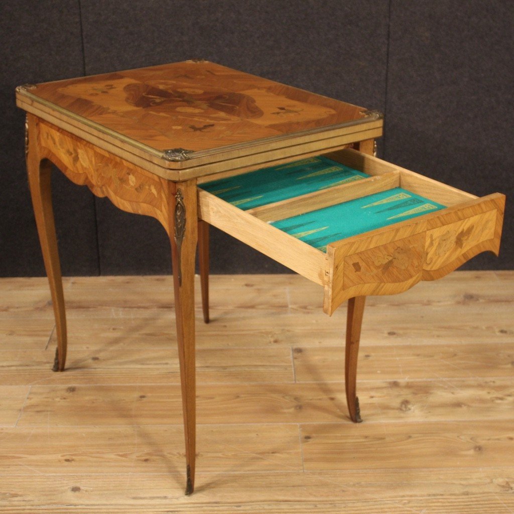 Tavolino da gioco francese in legno intarsiato del XX secolo-photo-4