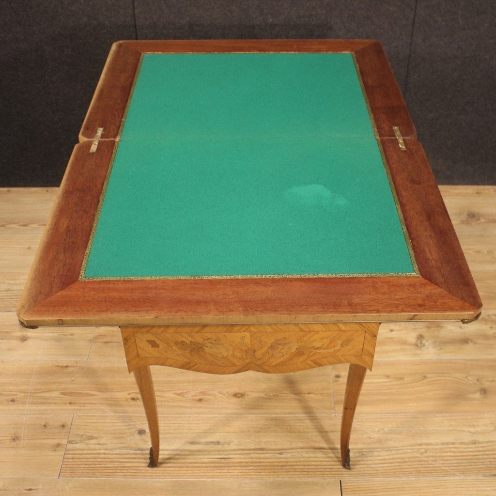 Tavolino da gioco francese in legno intarsiato del XX secolo-photo-5