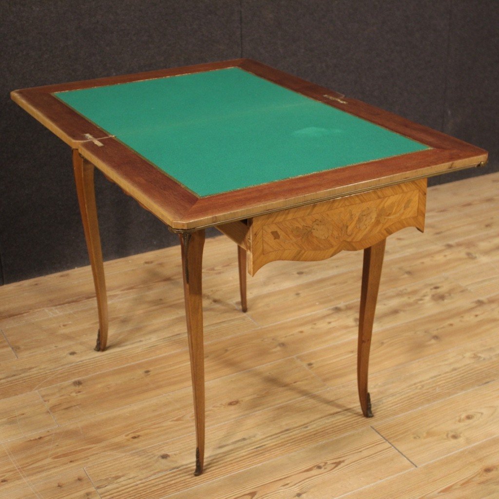 Tavolino da gioco francese in legno intarsiato del XX secolo-photo-6