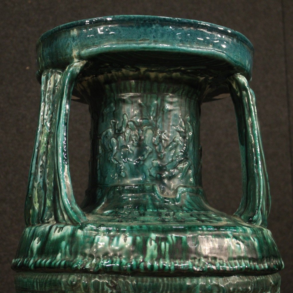 Grande vaso italiano in terracotta smaltata verde anni 60-photo-3