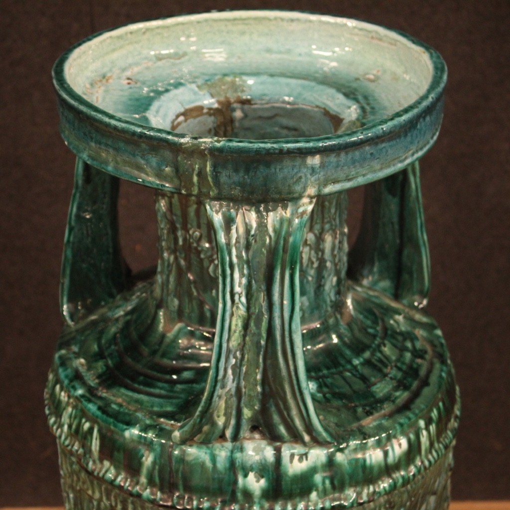 Grande vaso italiano in terracotta smaltata verde anni 60-photo-4