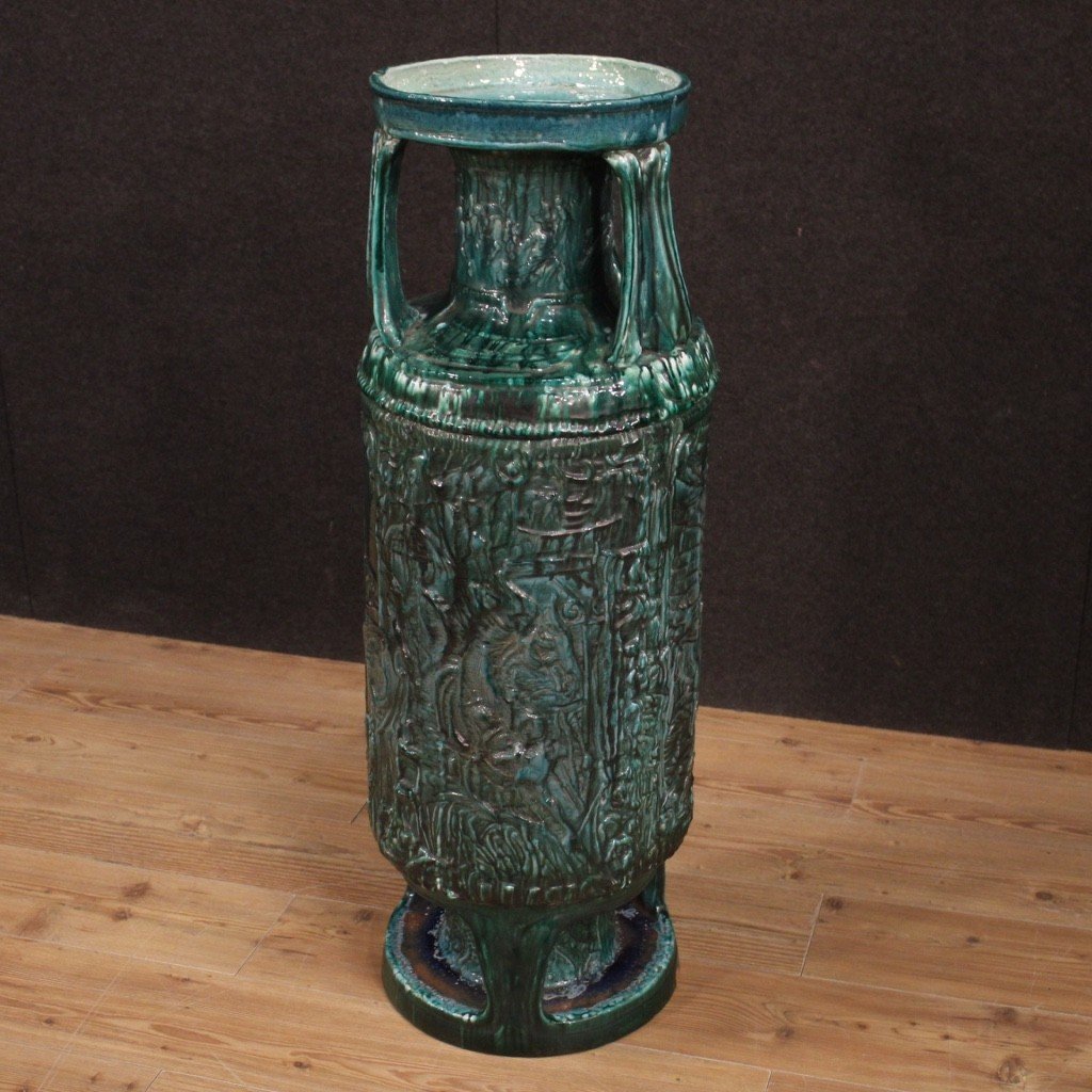 Grande vaso italiano in terracotta smaltata verde anni 60-photo-2