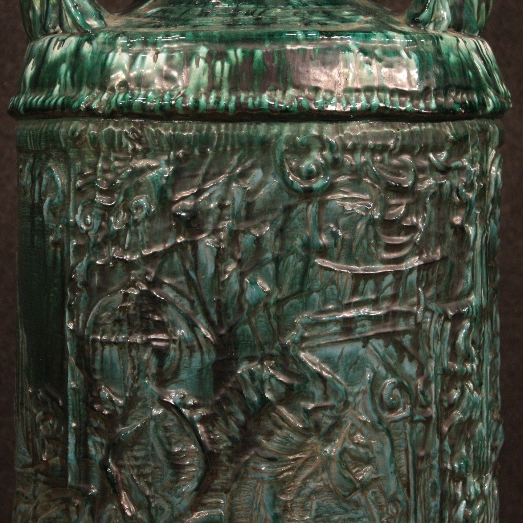Grande vaso italiano in terracotta smaltata verde anni 60-photo-7