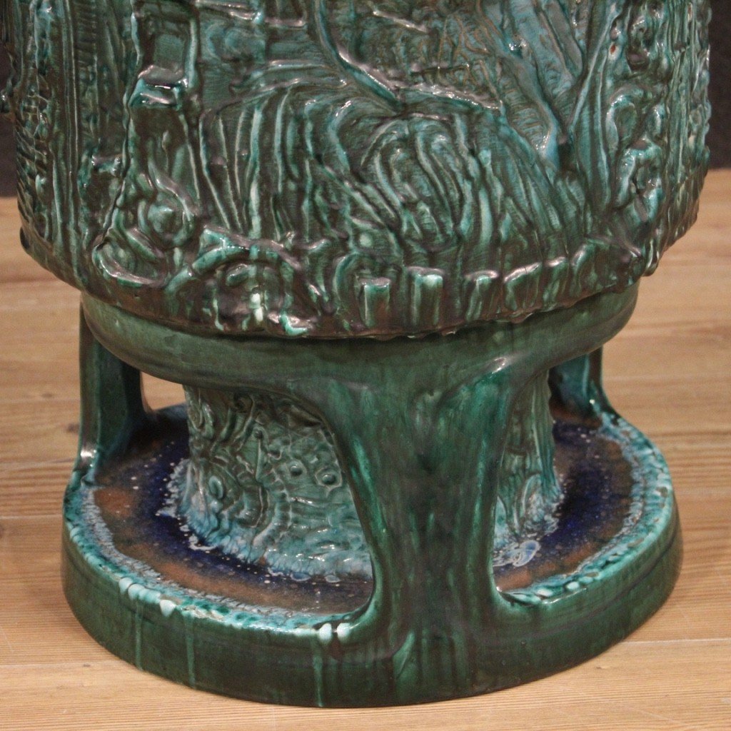 Grande vaso italiano in terracotta smaltata verde anni 60-photo-8