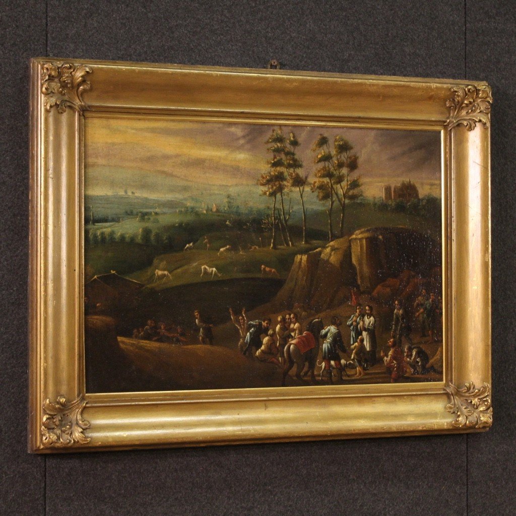 Dipinto italiano paesaggio con viandanti del XVIII secolo-photo-6