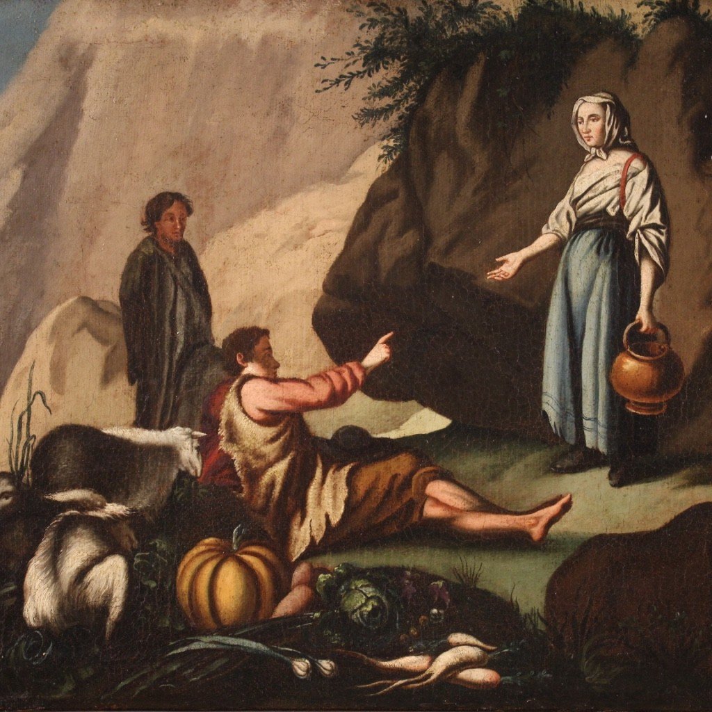 Antico dipinto scena pastorale del XVIII secolo-photo-3