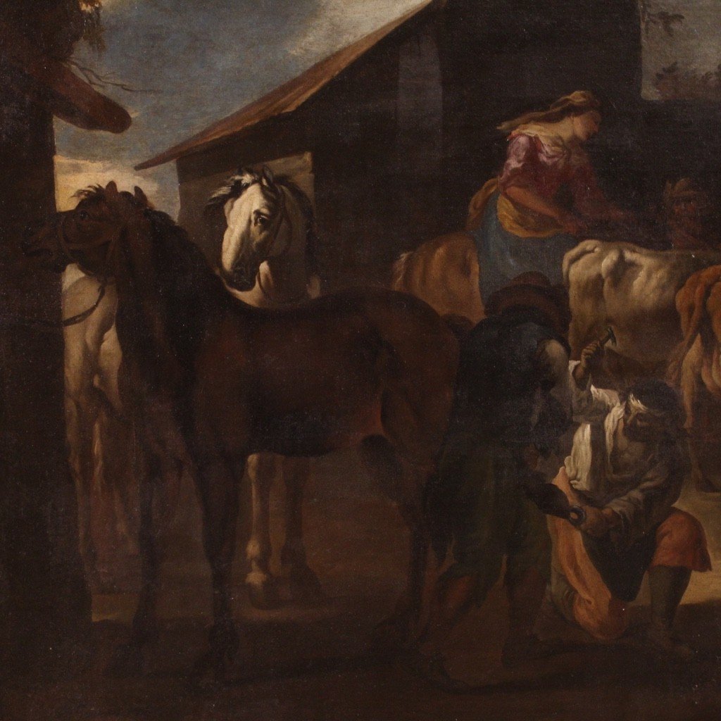 Grande dipinto del XVII secolo, la bottega del maniscalco-photo-4