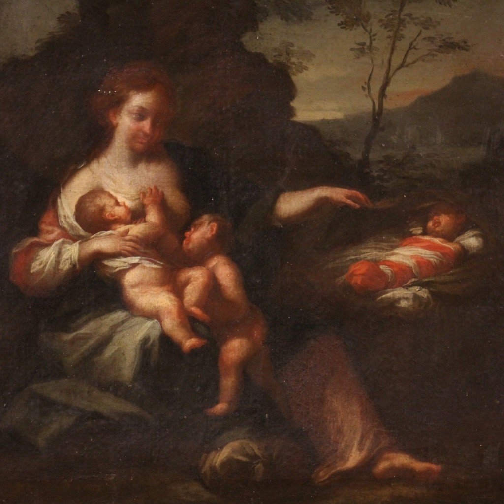 Antico dipinto italiano Allegoria della maternità del XVIII secolo-photo-3