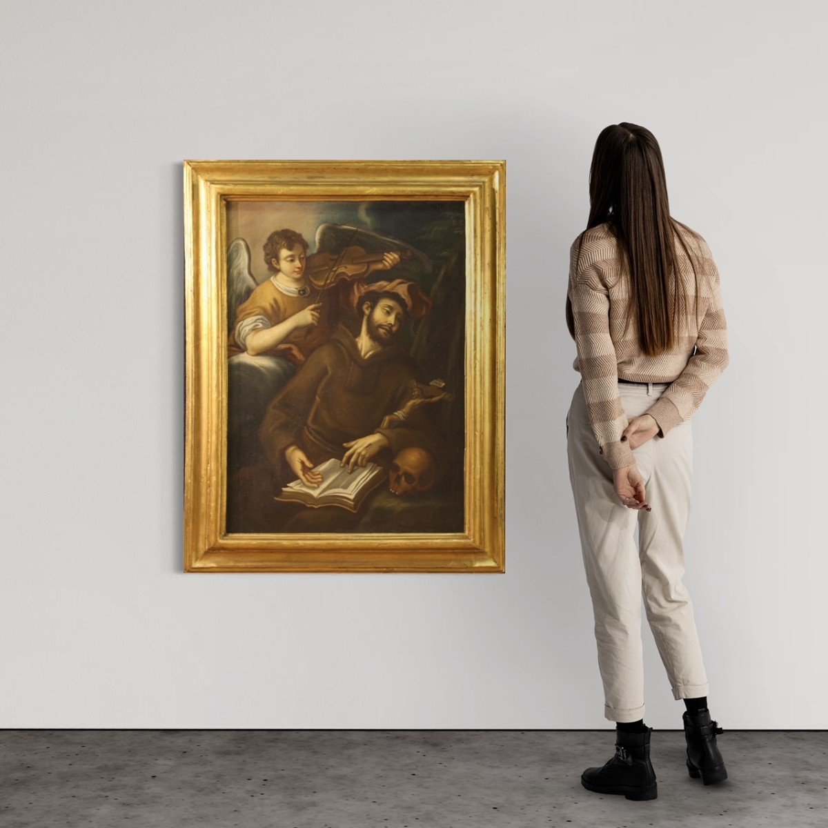 Antico dipinto italiano del XVIII secolo, San Francesco e l'Angelo-photo-3