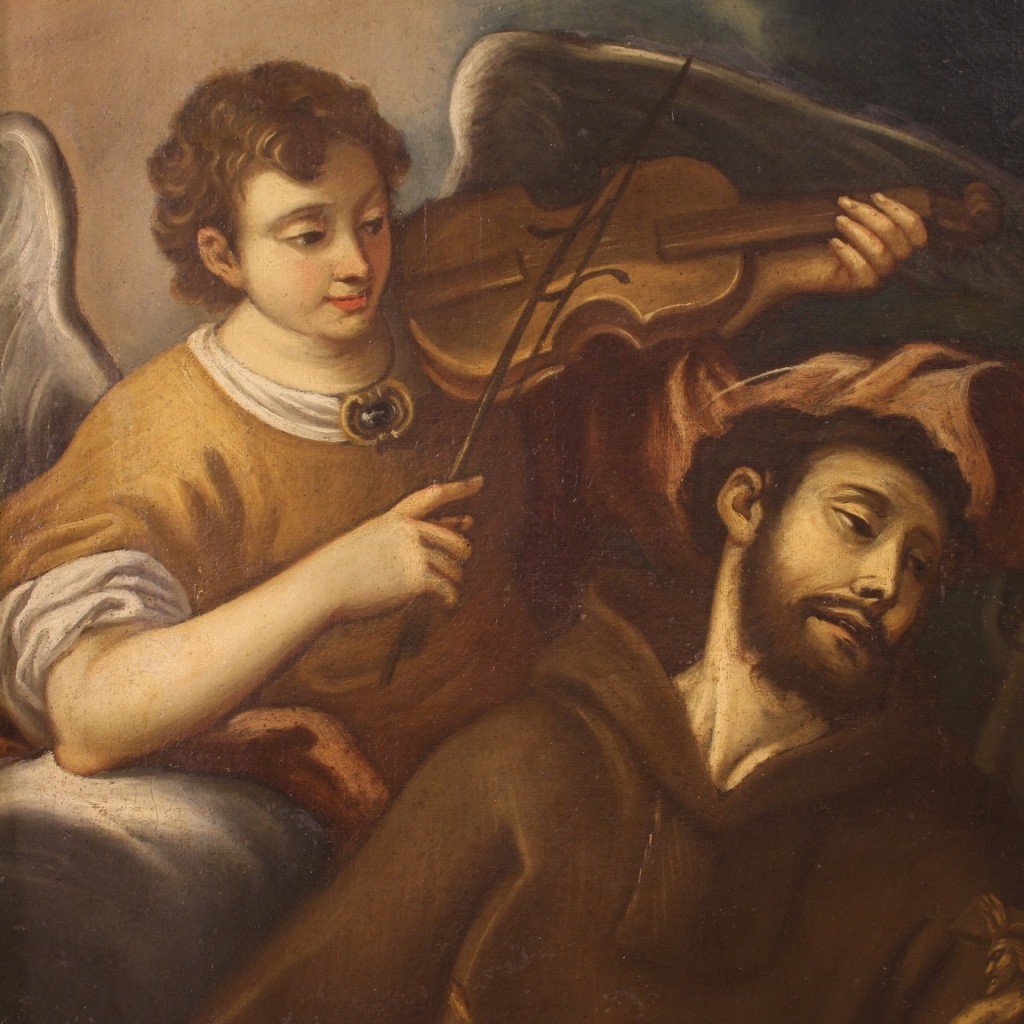 Antico dipinto italiano del XVIII secolo, San Francesco e l'Angelo-photo-2