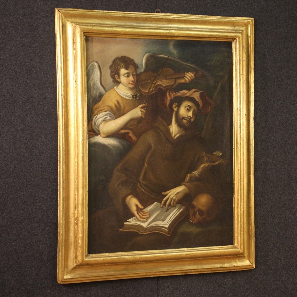 Antico dipinto italiano del XVIII secolo, San Francesco e l'Angelo-photo-8