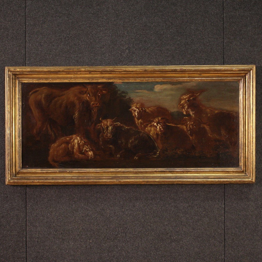 Dipinto italiano del XVII secolo, paesaggio con capre e mucche al pascolo-photo-2