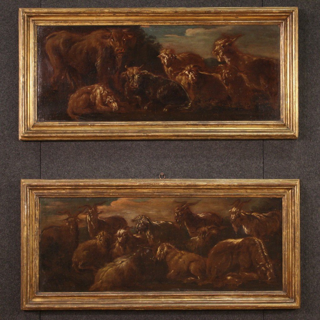 Dipinto italiano del XVII secolo, paesaggio con capre e mucche al pascolo-photo-4
