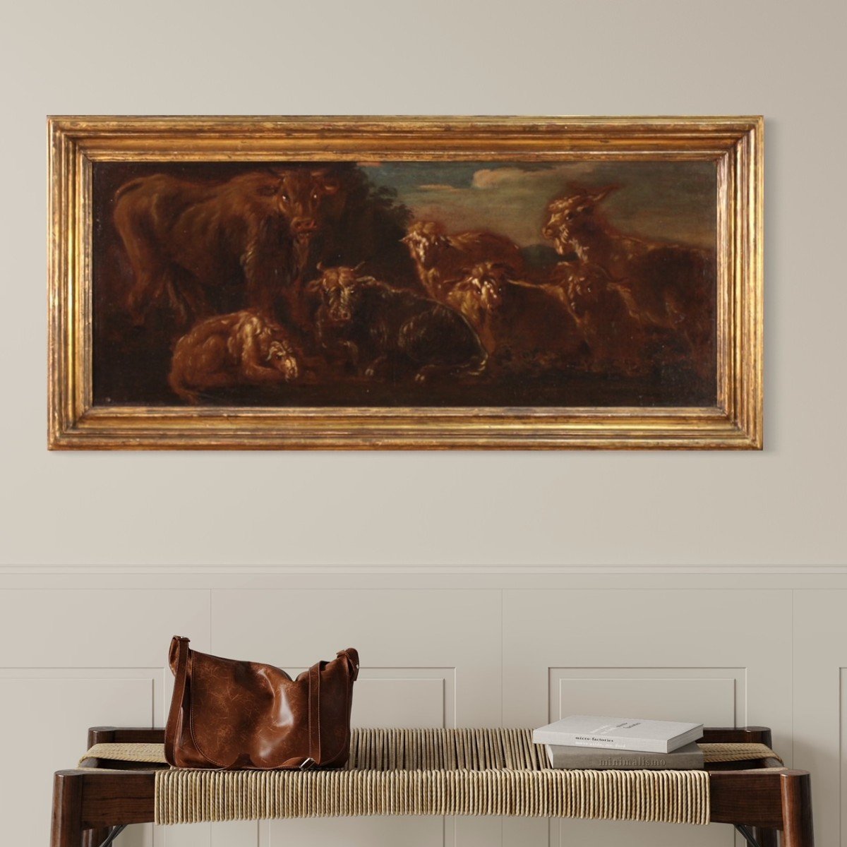 Dipinto italiano del XVII secolo, paesaggio con capre e mucche al pascolo-photo-1
