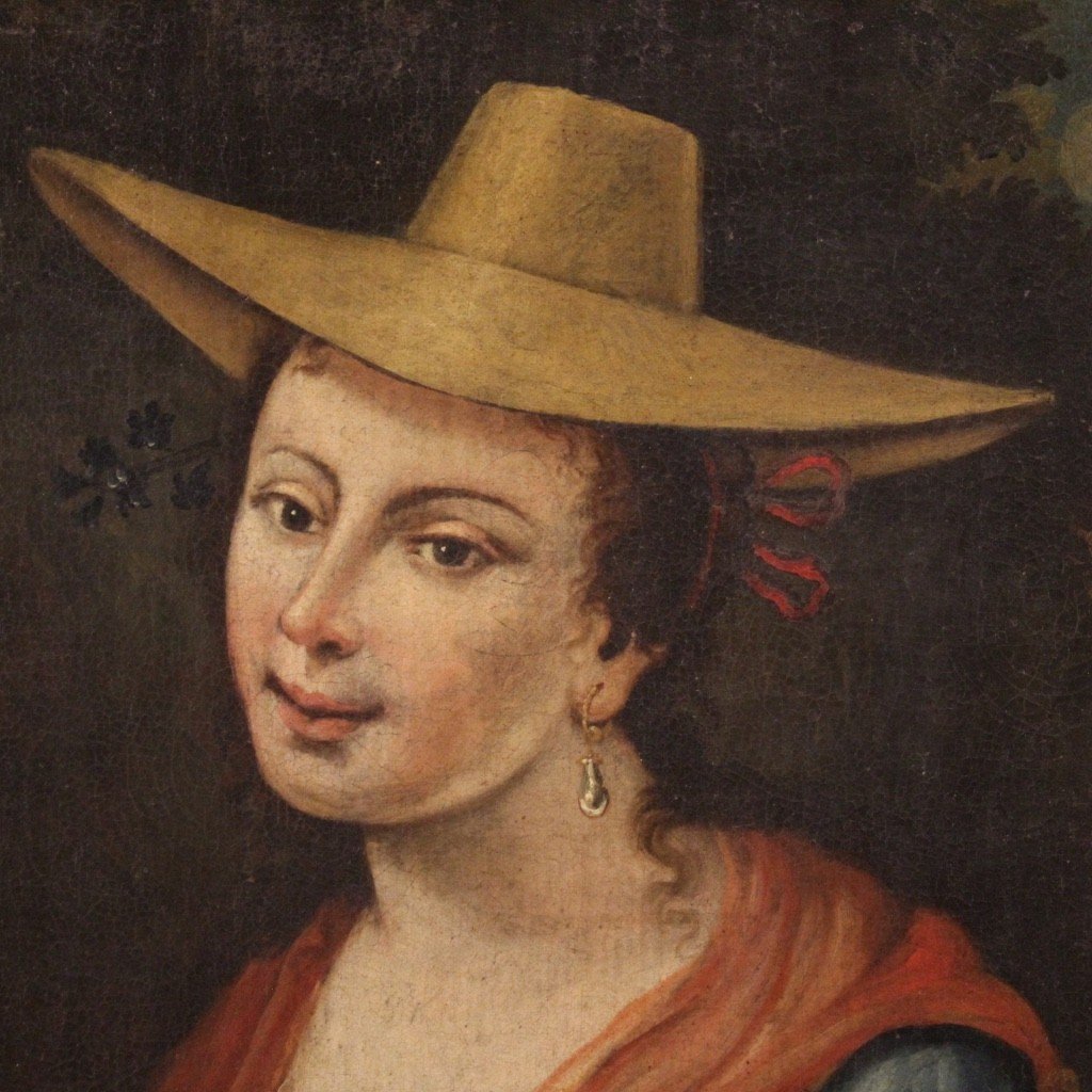 Quadro italiano ritratto di fanciulla con cardellino del XVIII secolo-photo-2