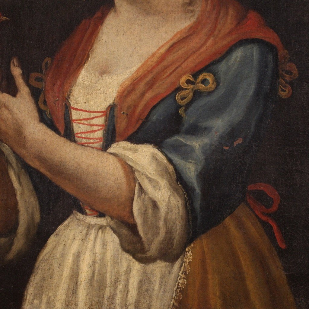 Quadro italiano ritratto di fanciulla con cardellino del XVIII secolo-photo-7