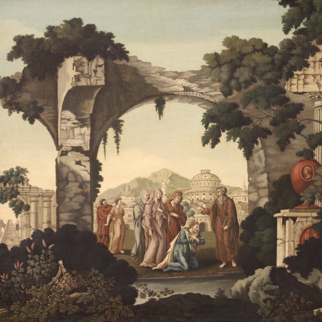 Antico dipinto religioso Battesimo di Lidia del XVIII secolo-photo-2