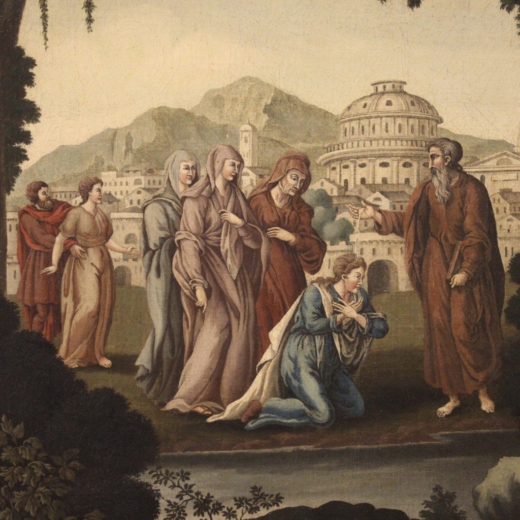 Antico dipinto religioso Battesimo di Lidia del XVIII secolo-photo-5