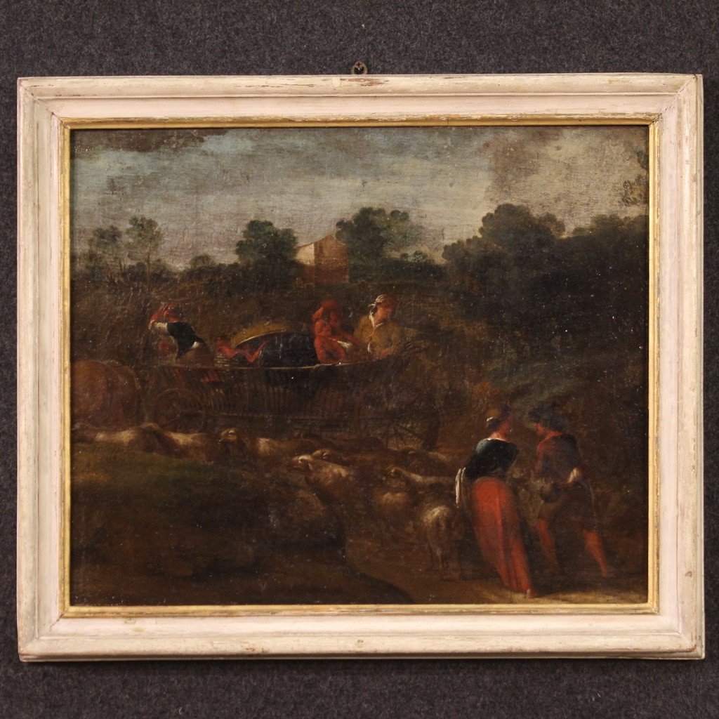 Dipinto paesaggio scena pastorale con carro del XVIII secolo-photo-2