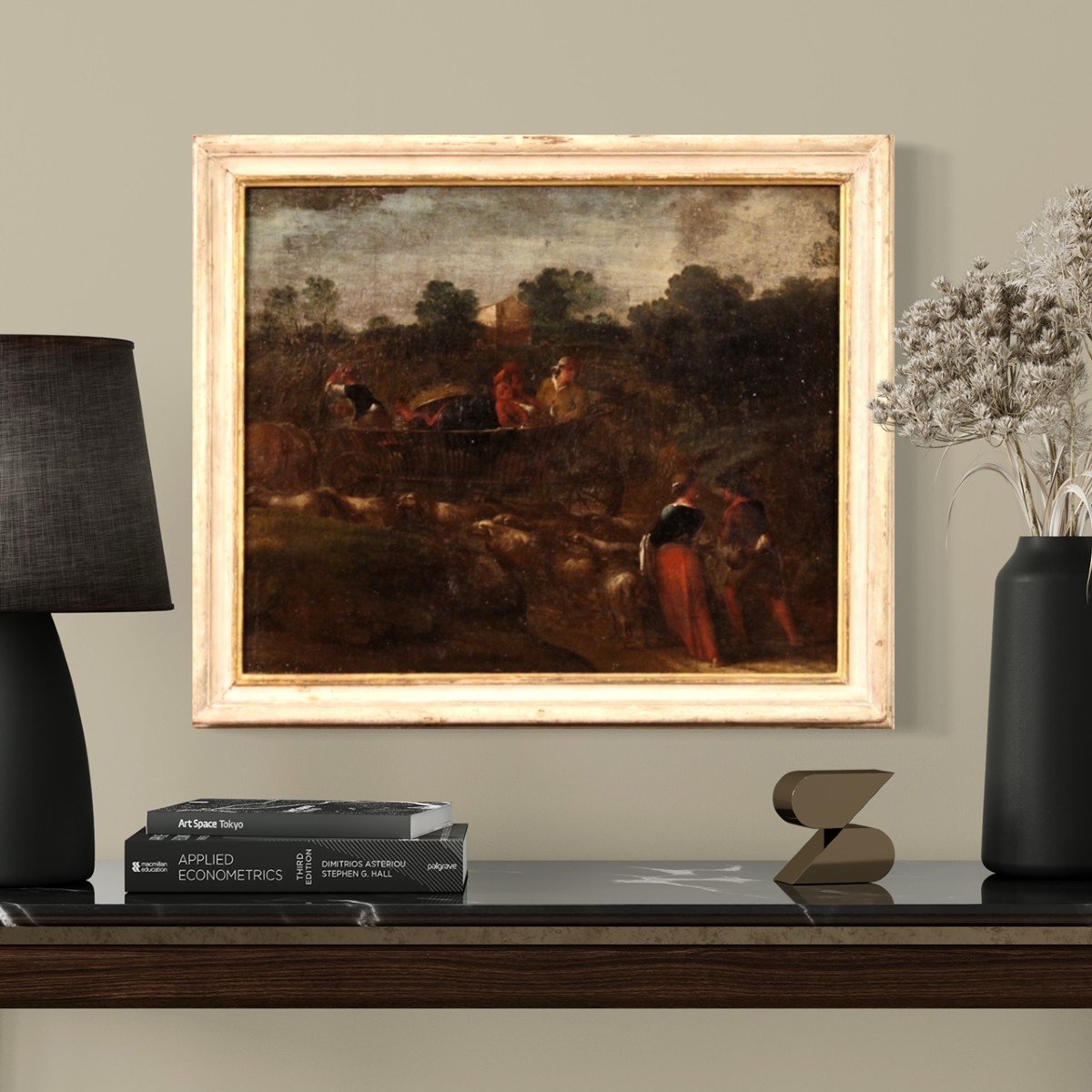 Dipinto paesaggio scena pastorale con carro del XVIII secolo-photo-1