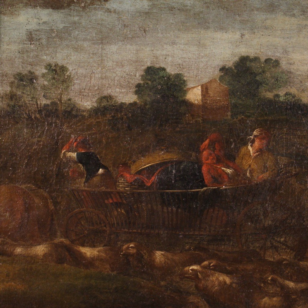 Dipinto paesaggio scena pastorale con carro del XVIII secolo-photo-3