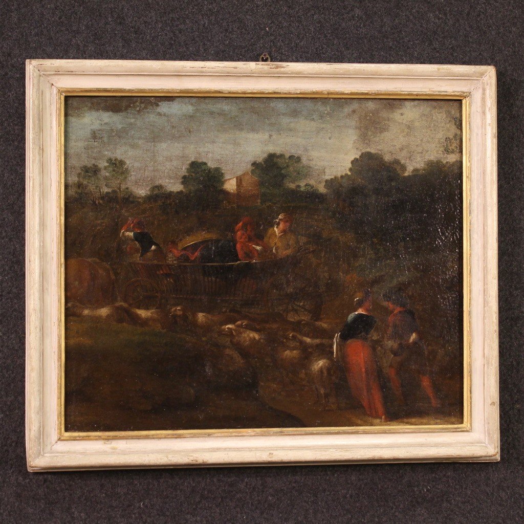 Dipinto paesaggio scena pastorale con carro del XVIII secolo-photo-5