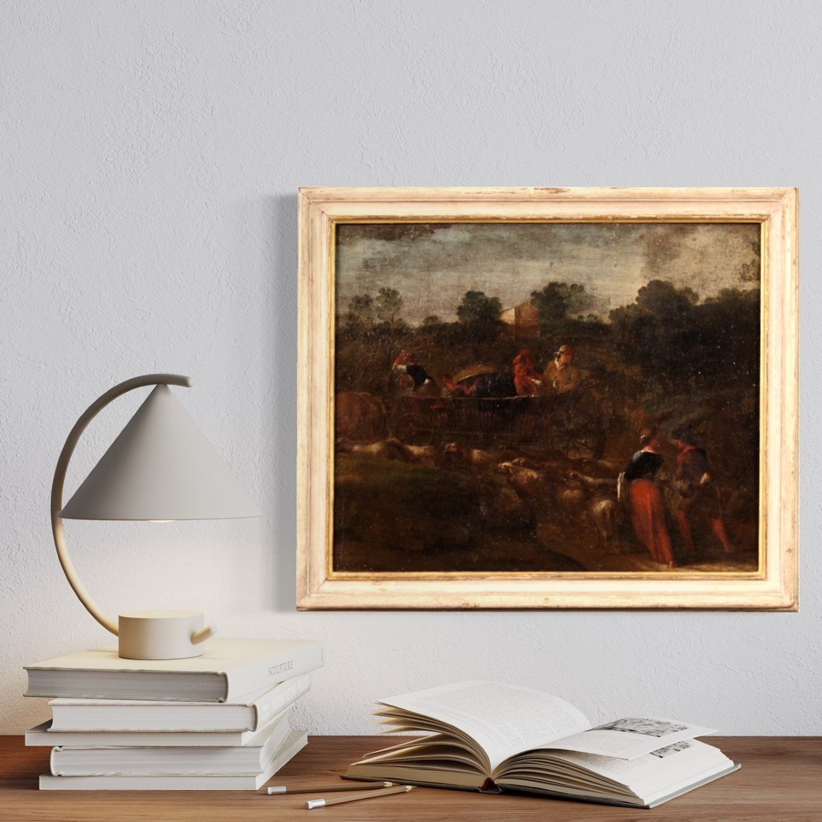 Dipinto paesaggio scena pastorale con carro del XVIII secolo-photo-7