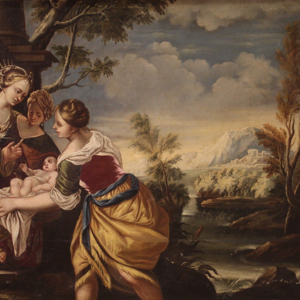 Grande dipinto del XVIII secolo, Mosè salvato dalle acque-photo-1