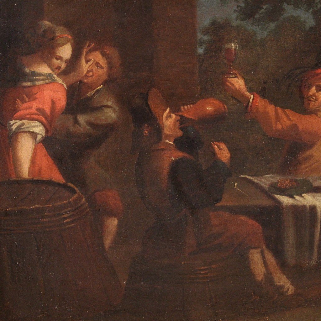 Dipinto olio su tela del XVII secolo, scena di genere bamboccianti-photo-4