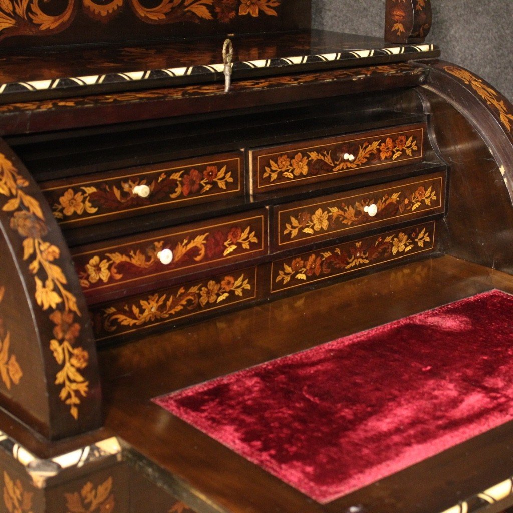 Scrittoio a rullo in legno intarsiato in stile Napoleone III-photo-4