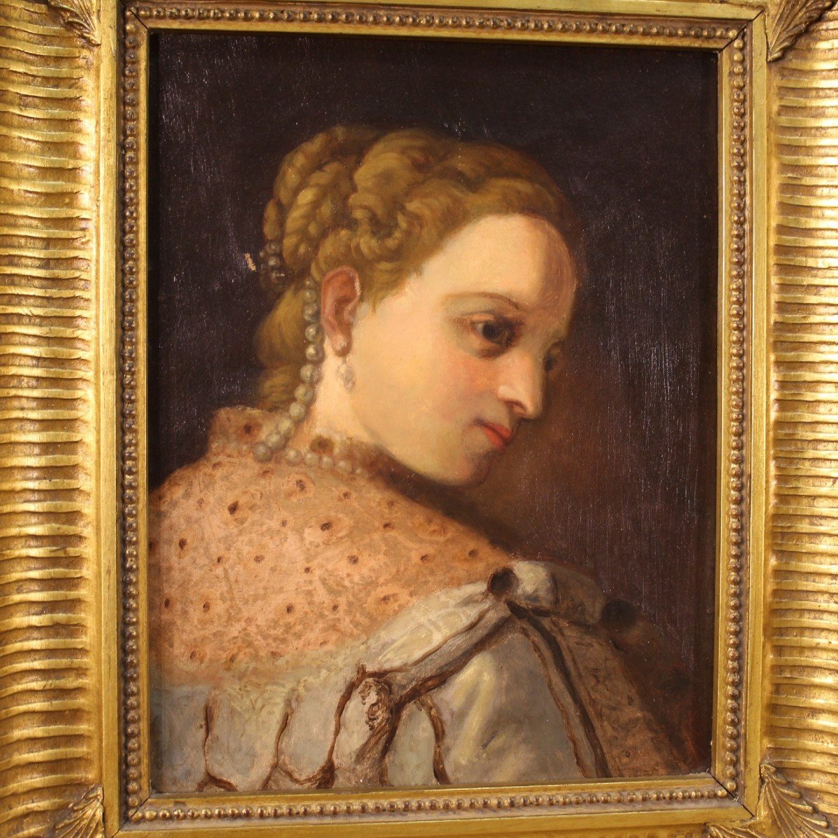Dipinto olio su tela ritratto di giovane nobildonna del XIX secolo-photo-2