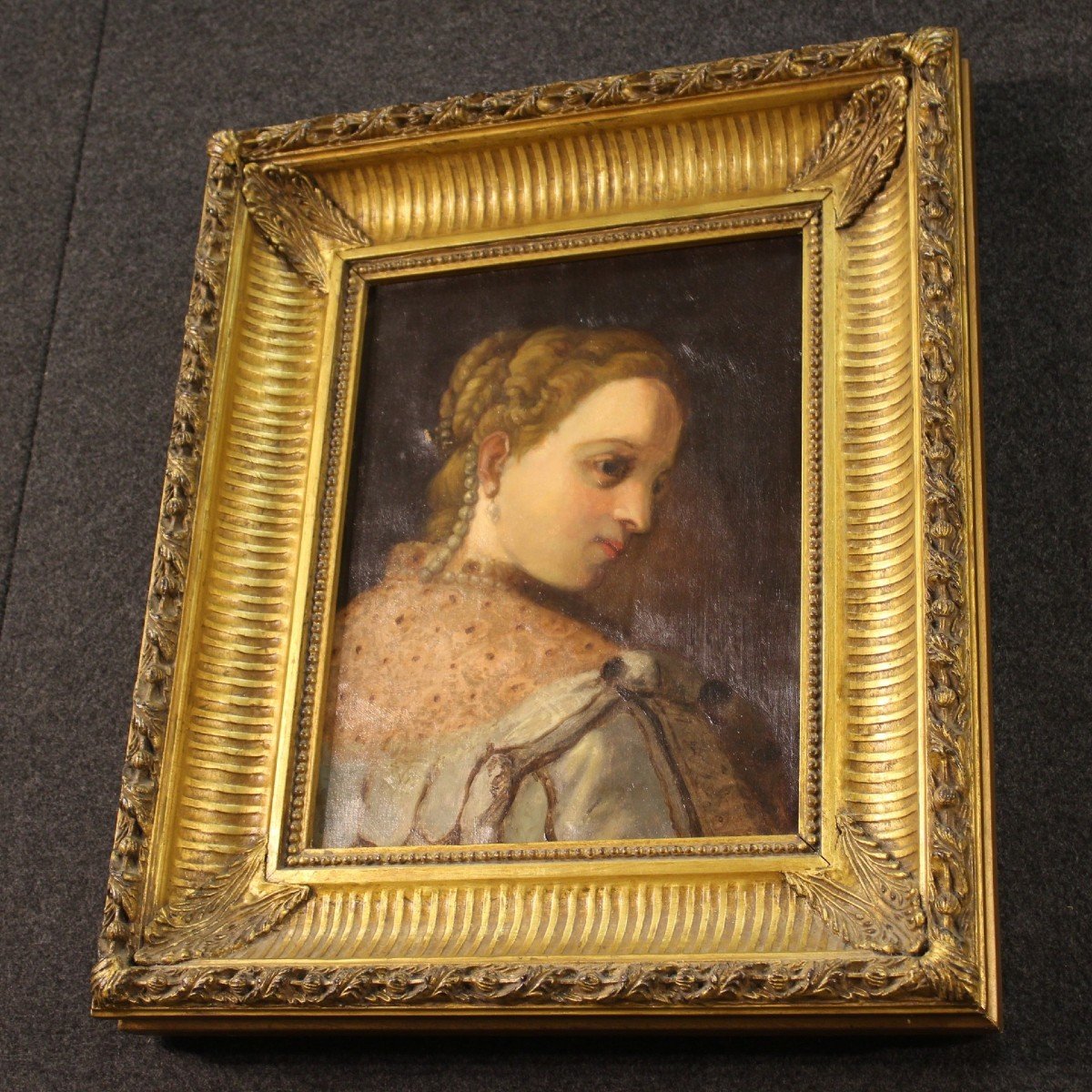 Dipinto olio su tela ritratto di giovane nobildonna del XIX secolo-photo-7