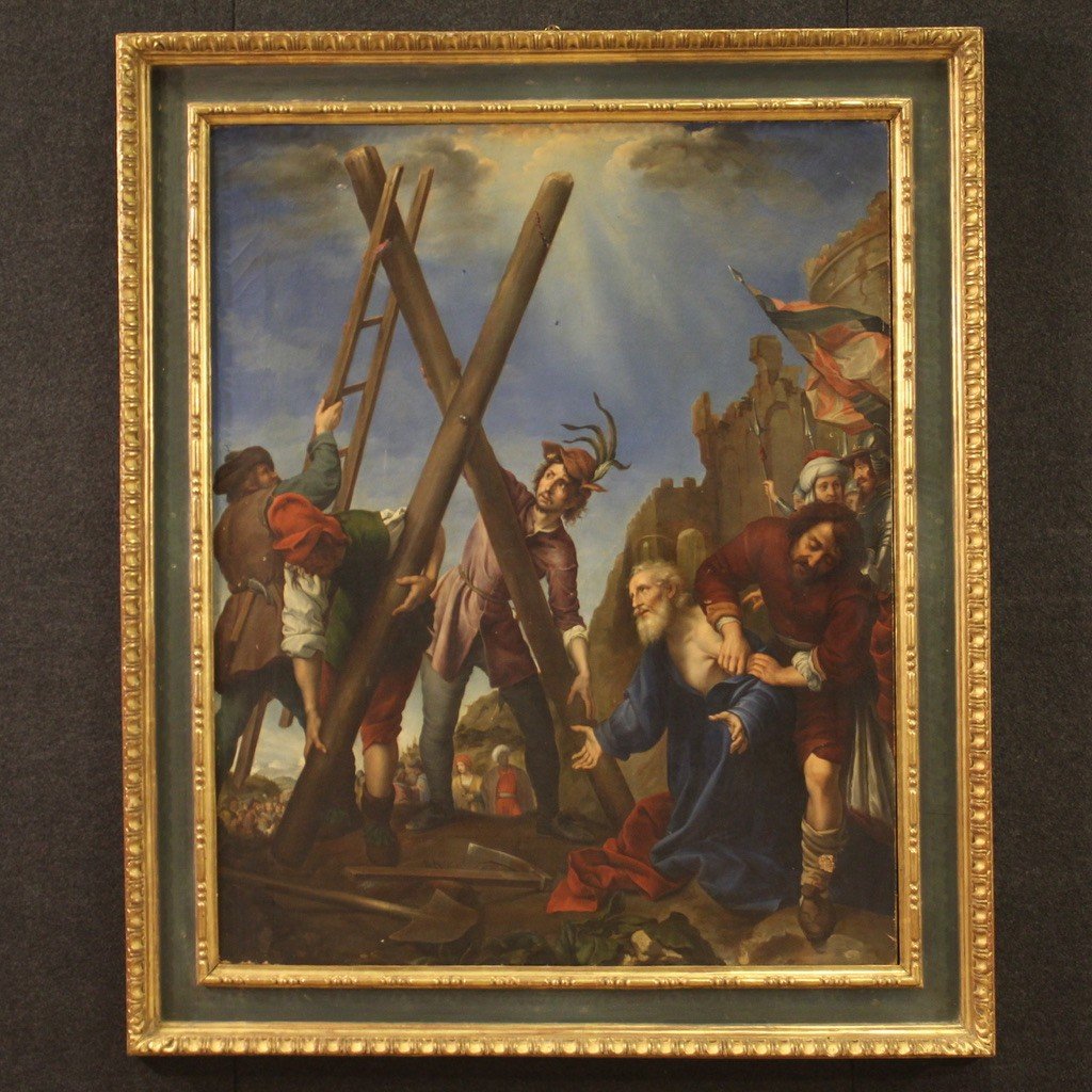 Grande dipinto religioso del XIX secolo, il martirio di Sant'Andrea