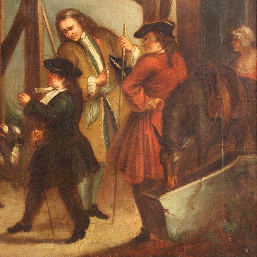 Dipinto olio su tela scena di genere del XVIII secolo-photo-3