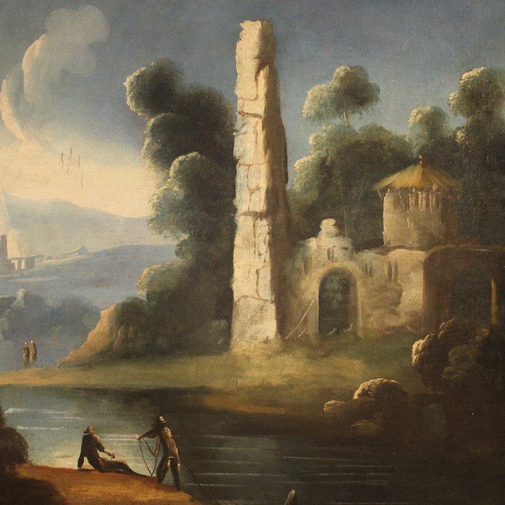 Dipinto italiano paesaggio fluviale con rovine e pescatori del XVIII secolo-photo-4