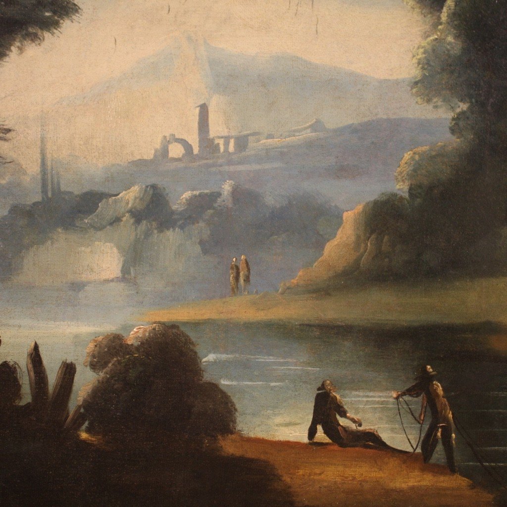 Dipinto italiano paesaggio fluviale con rovine e pescatori del XVIII secolo-photo-7