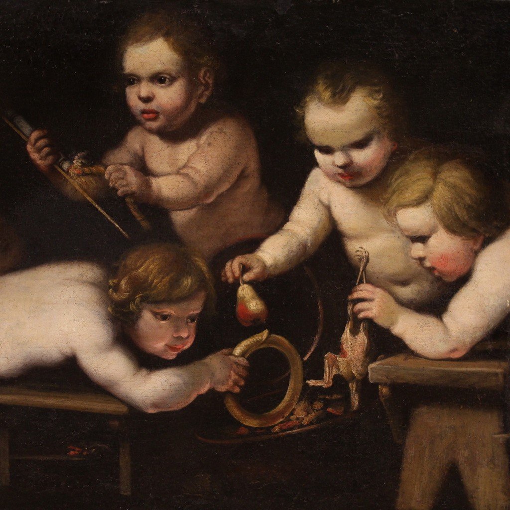 Antico dipinto del XVII secolo, giochi di putti-photo-2
