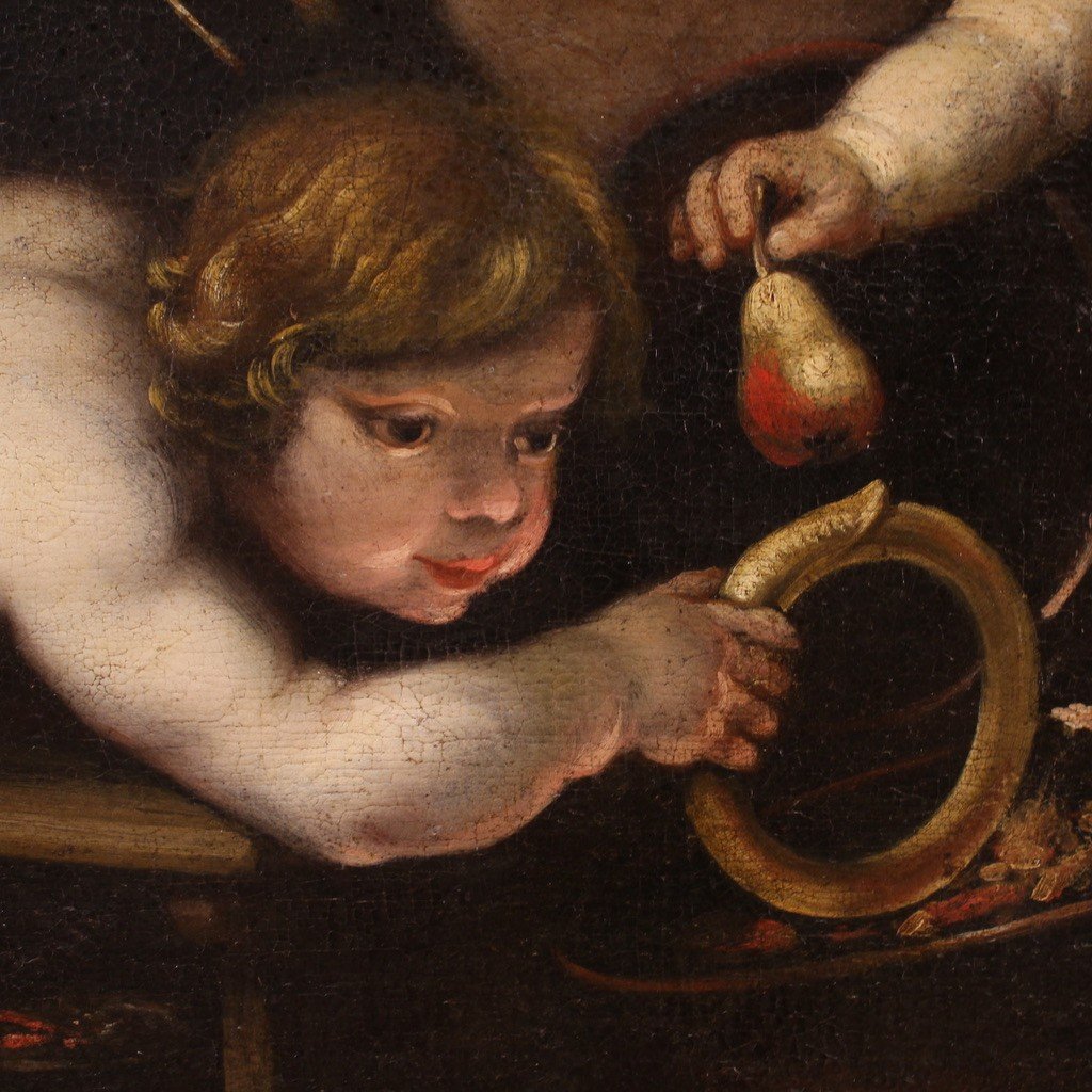 Antico dipinto del XVII secolo, giochi di putti-photo-4