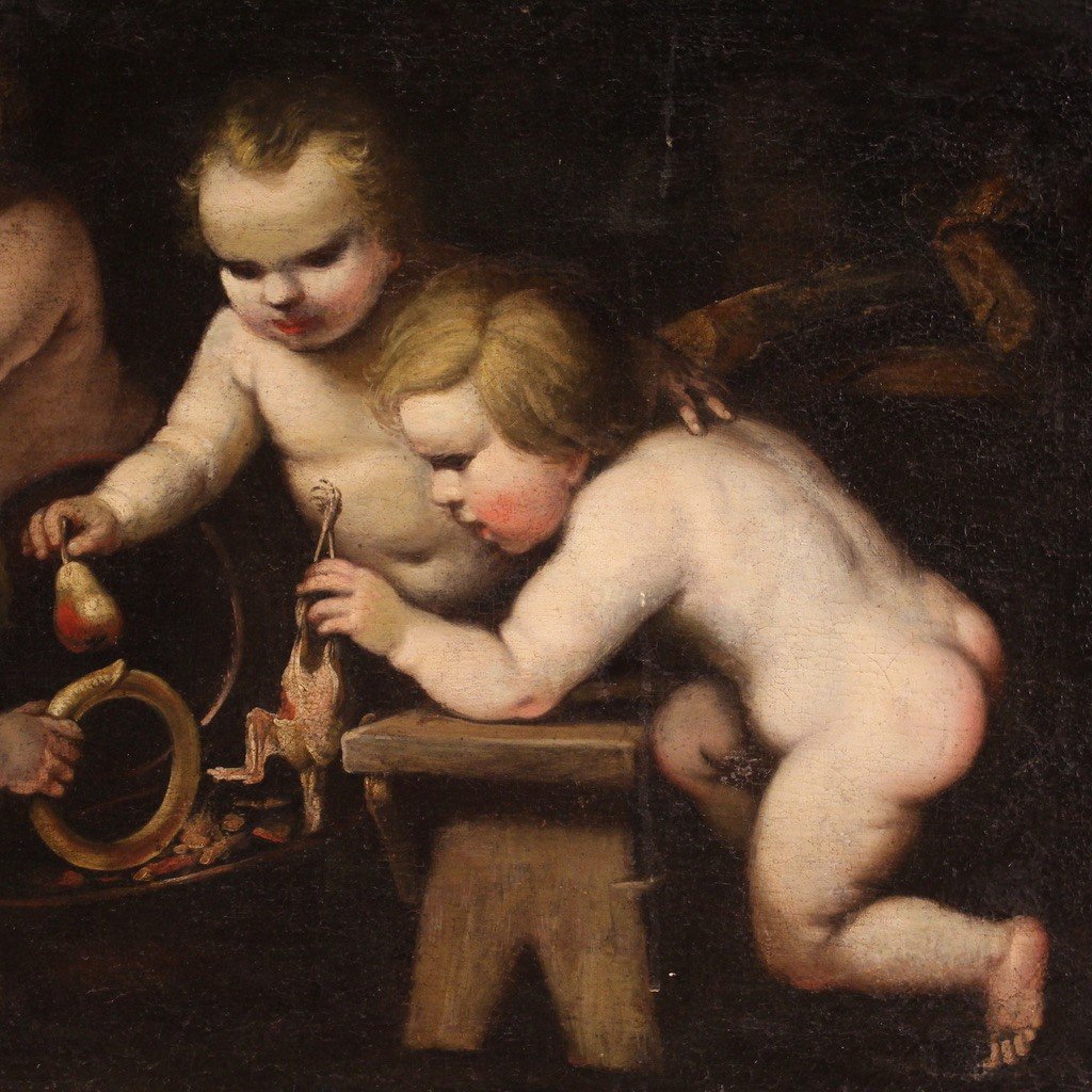 Antico dipinto del XVII secolo, giochi di putti-photo-1