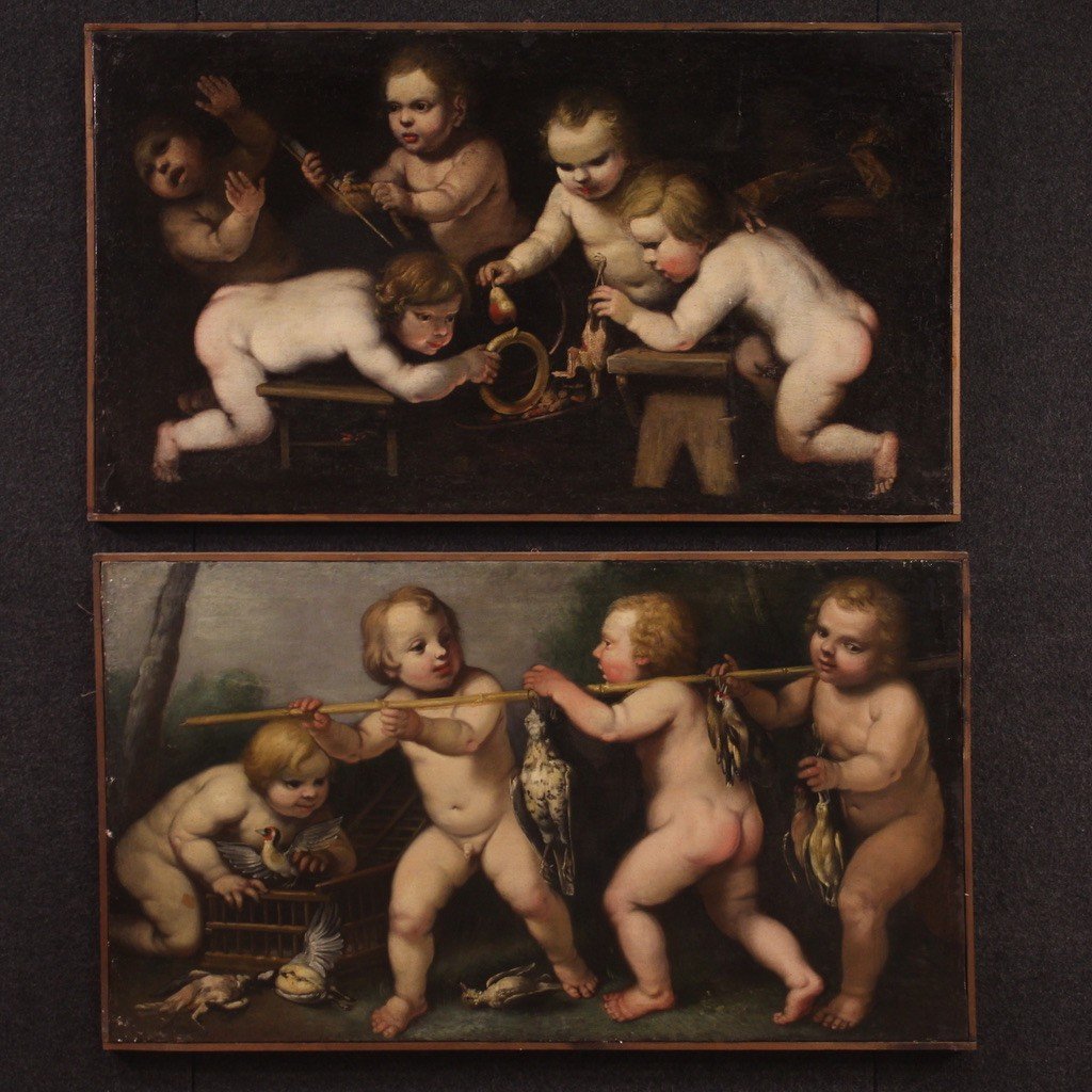 Antico dipinto del XVII secolo, giochi di putti-photo-3