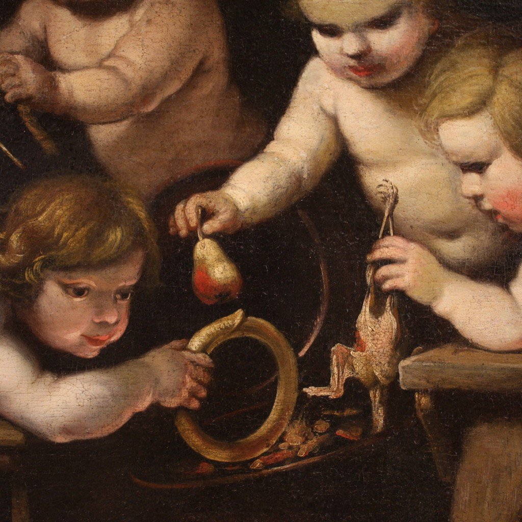 Antico dipinto del XVII secolo, giochi di putti-photo-5