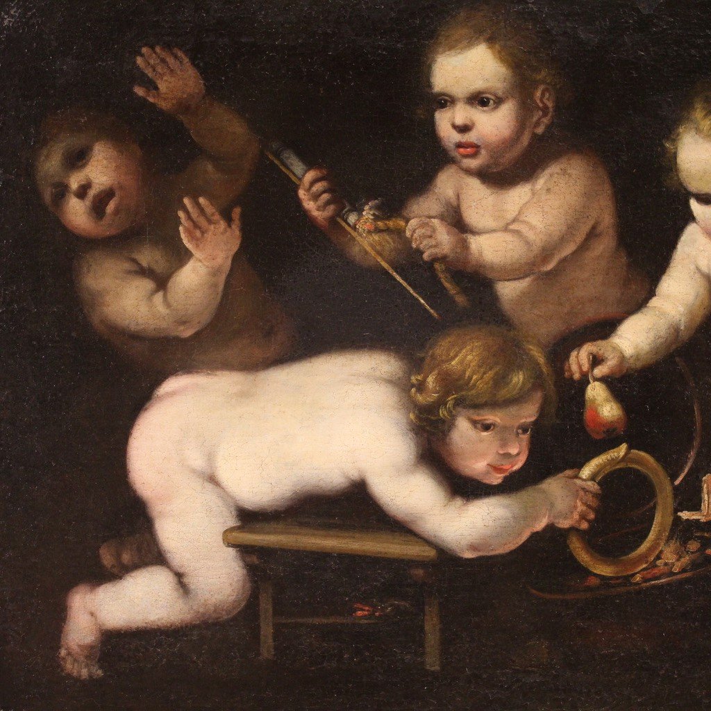 Antico dipinto del XVII secolo, giochi di putti-photo-6