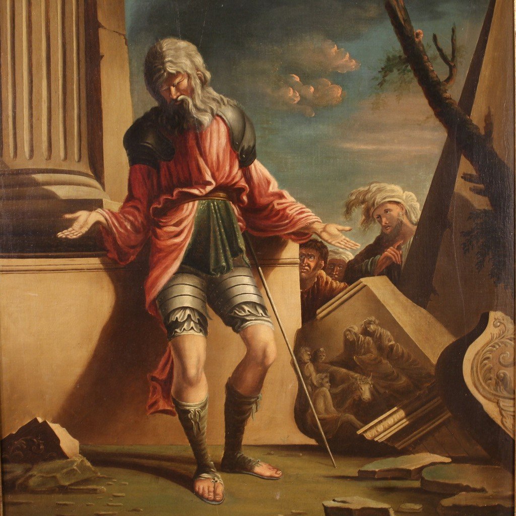 Antico dipinto del XVII secolo, Belisario cieco viene riconosciuto da un soldato-photo-3