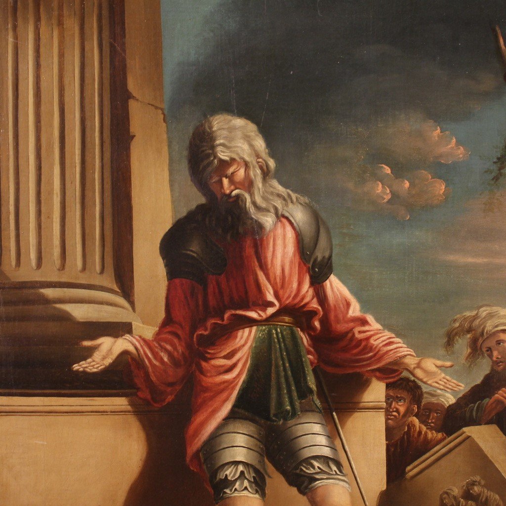 Antico dipinto del XVII secolo, Belisario cieco viene riconosciuto da un soldato-photo-4