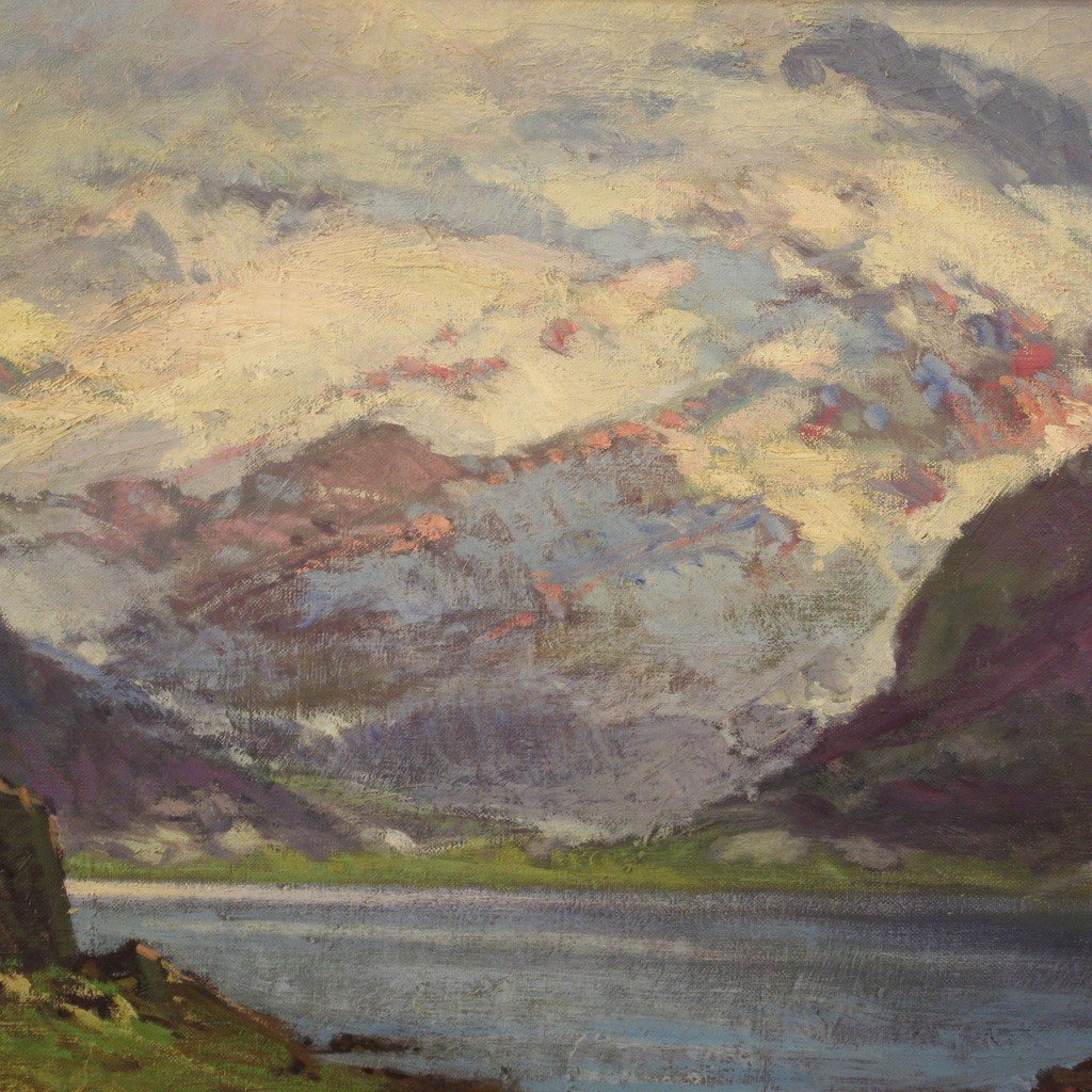 Grande dipinto paesaggio firmato C. Bentivoglio del XX secolo-photo-2