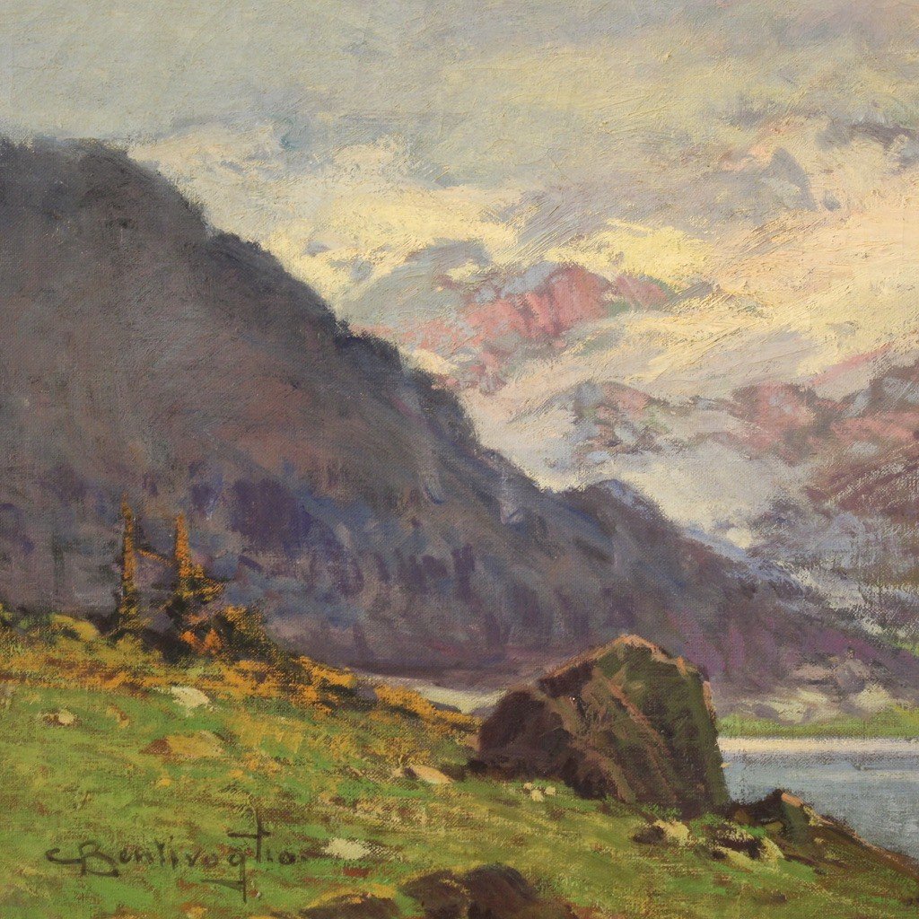 Grande dipinto paesaggio firmato C. Bentivoglio del XX secolo-photo-5