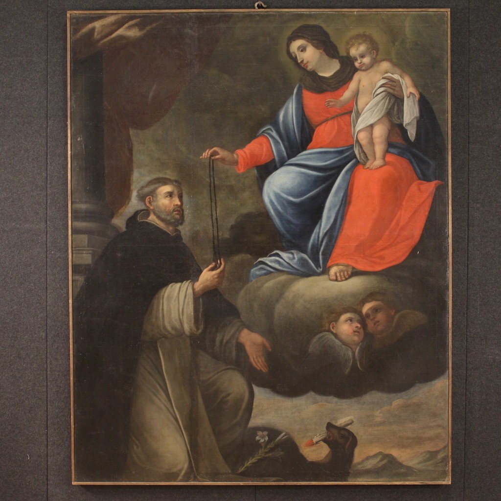 Dipinto religioso del XVII secolo, Madonna col Bambino e San Domenico di Guzmán-photo-2