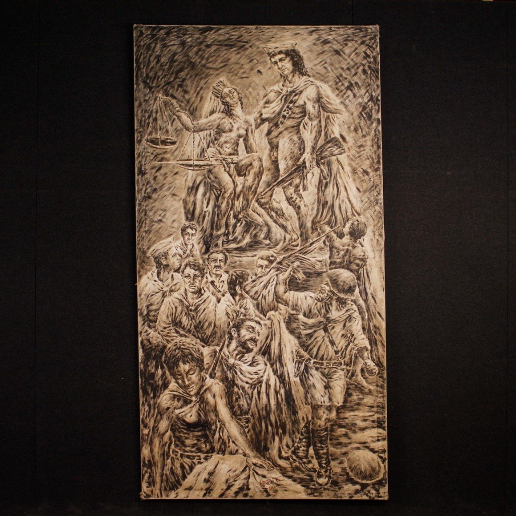 Grande quadro firmato Vittorini C. del XX secolo allegoria del giudizio dei soldati in guerra-photo-2