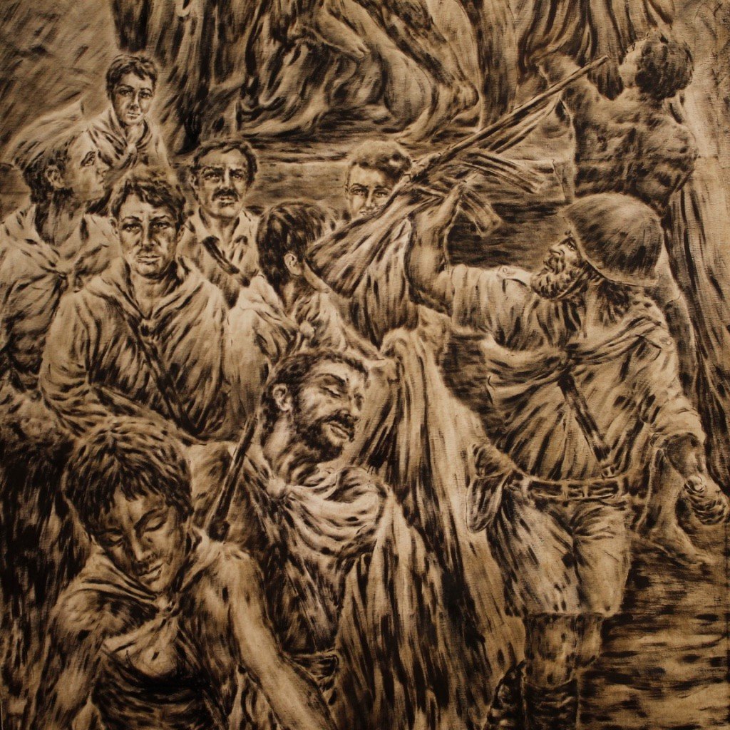 Grande quadro firmato Vittorini C. del XX secolo allegoria del giudizio dei soldati in guerra-photo-3